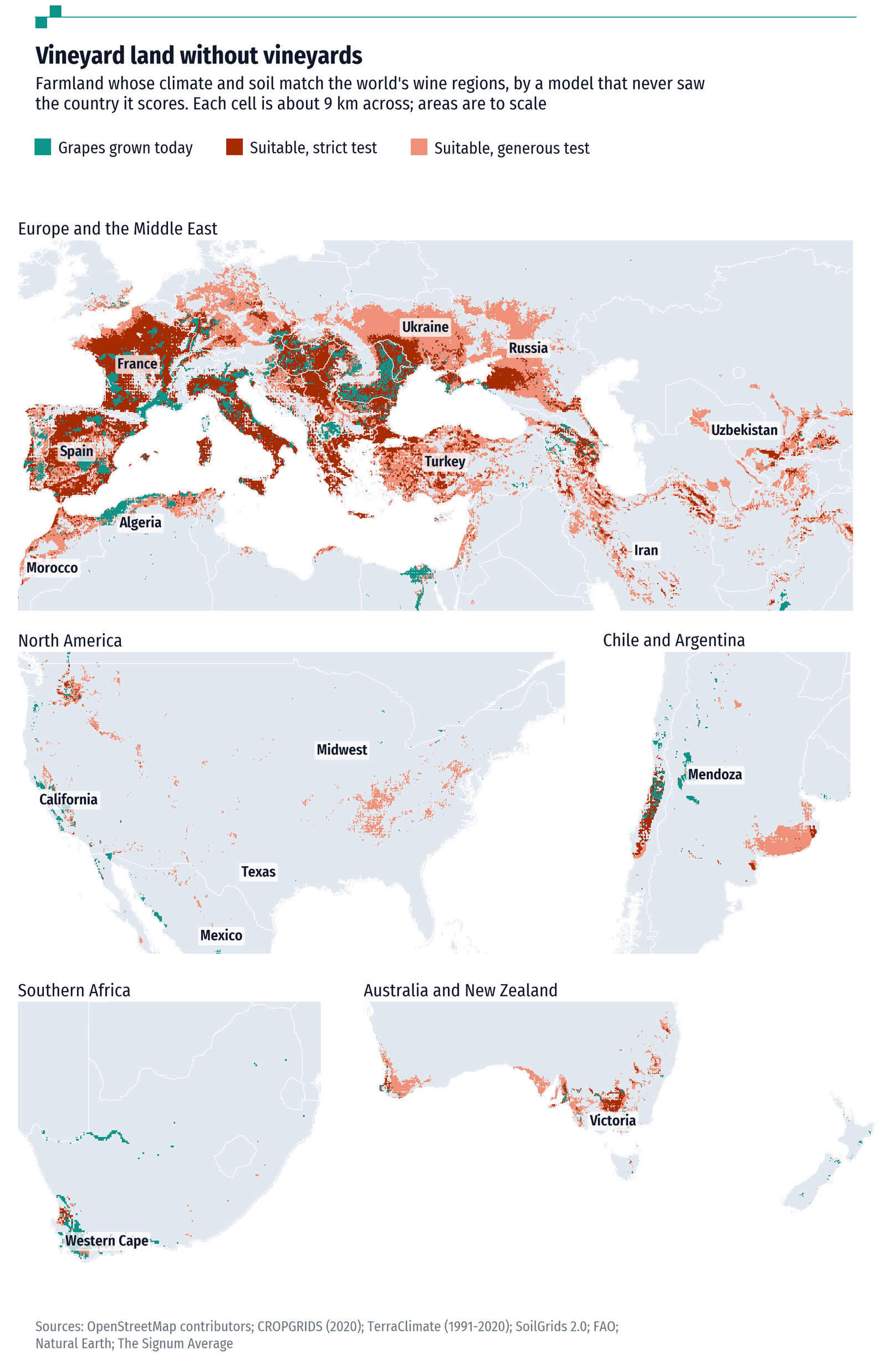 Maps of five regions. Teal marks today's vineyards; dark red marks farmland not under vines that is as good as most vineyard land, and light red farmland that is as good as the weaker vineyards. Dark red covers much of France, Spain, Italy and the Balkans, with patches in Turkey, southern Russia, Ukraine and Iran; light red covers much of Ukraine, southern Russia, Turkey and Iran.