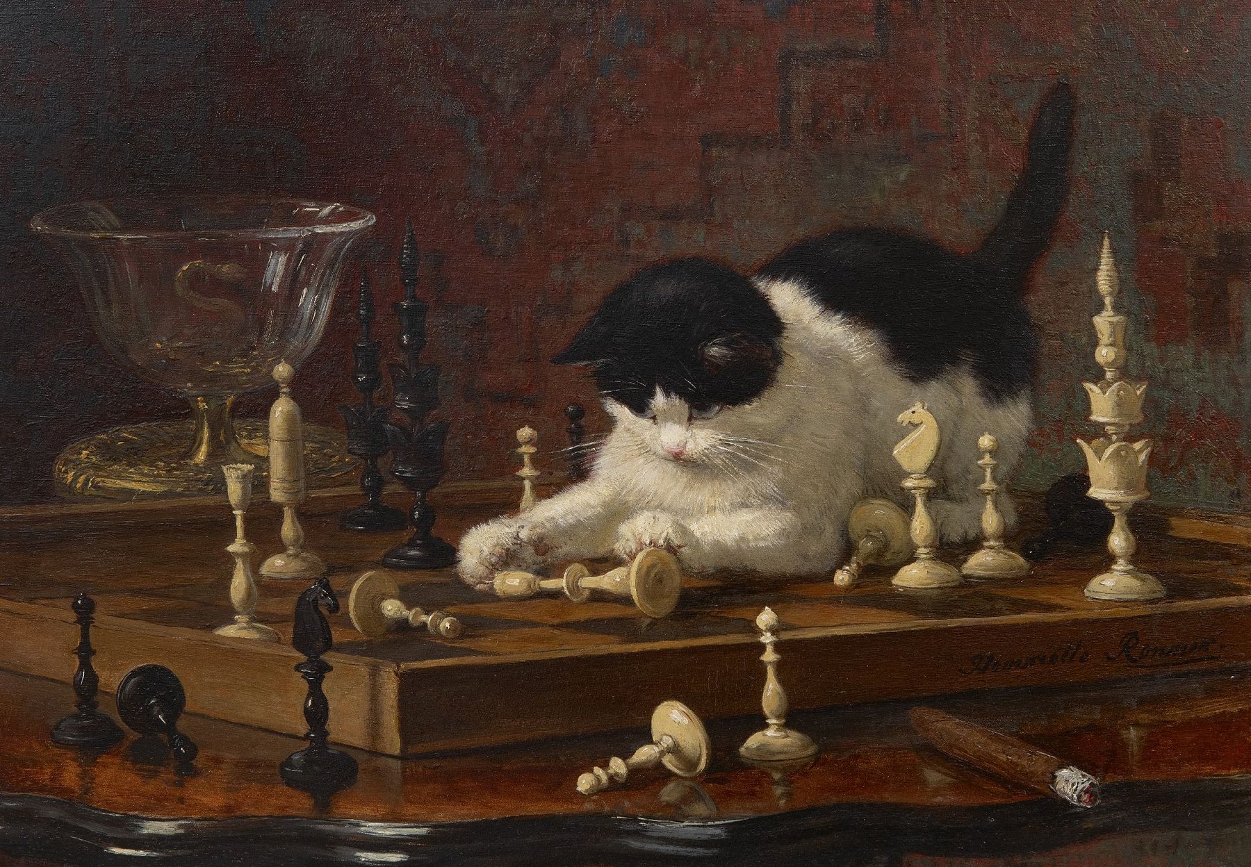 Oil painting of a black-and-white kitten sprawled across a chessboard, batting at a toppled white piece while other pieces lie scattered around it